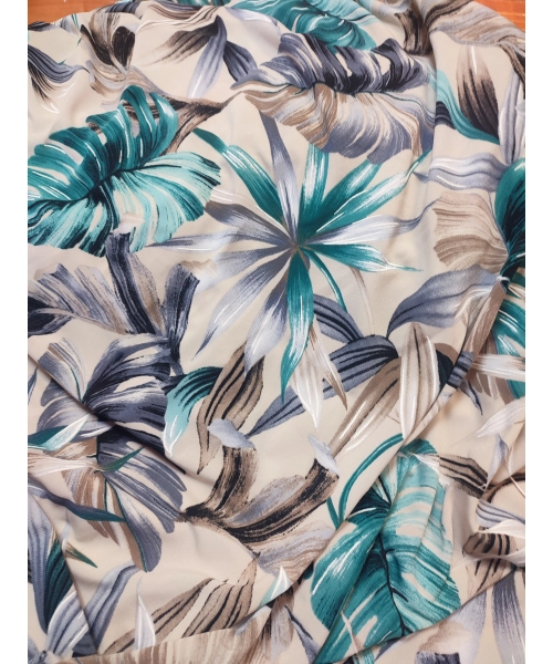 Elastyczny beżowy Jersey - zielone i szare liście paproci